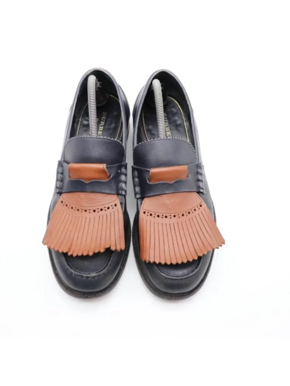 Burberry Kiltie Bedmoore Fringe Men’s EU 44 Leather Loafers Navy/ Brown Italy - Picture 2 of 14